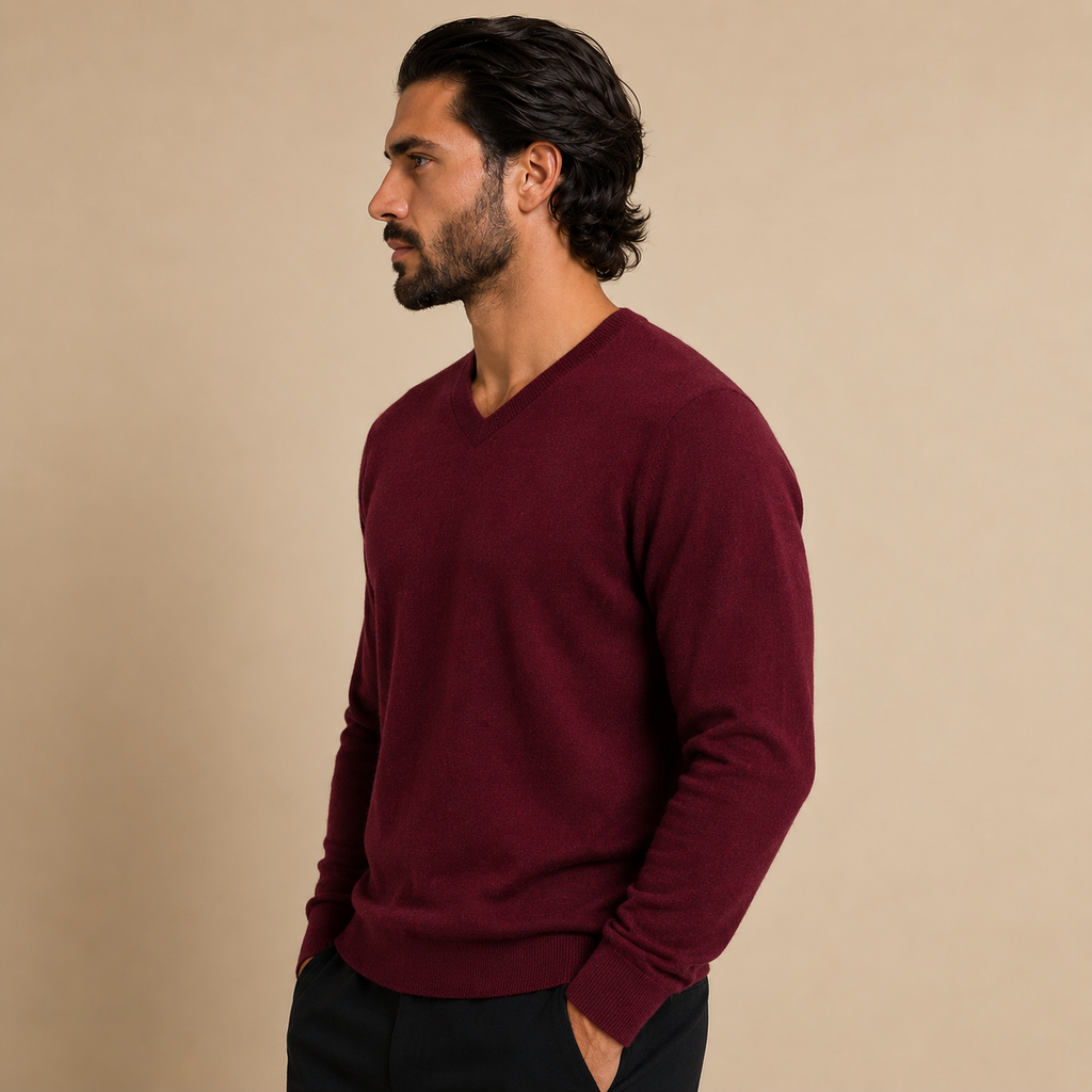 Cashmere V-Neck Sweater – Bordeaux