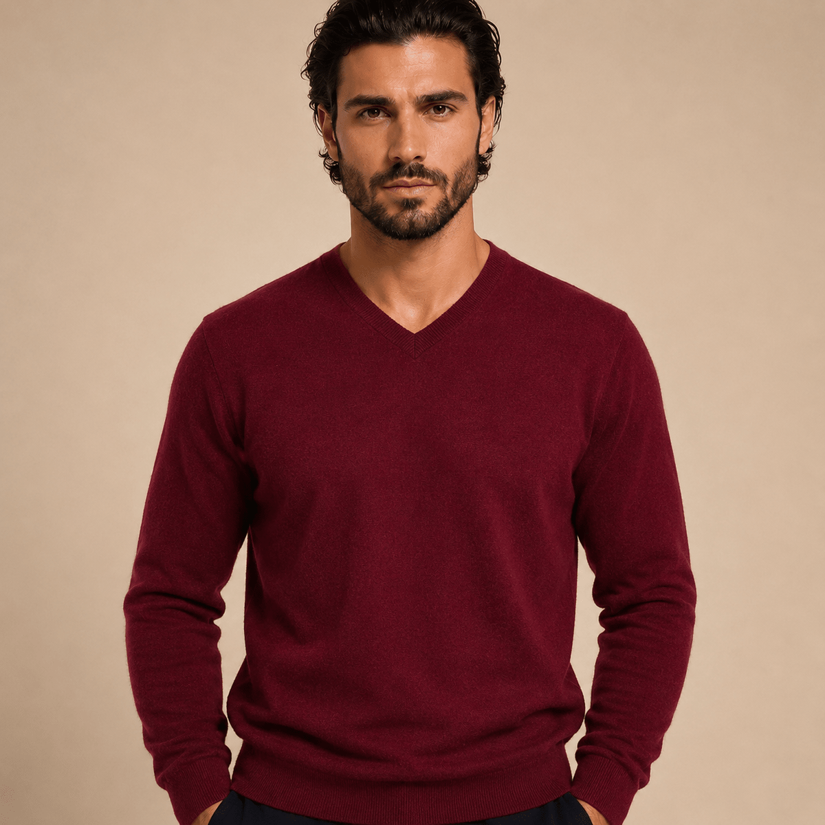Cashmere V-Neck Sweater – Bordeaux - ELORO