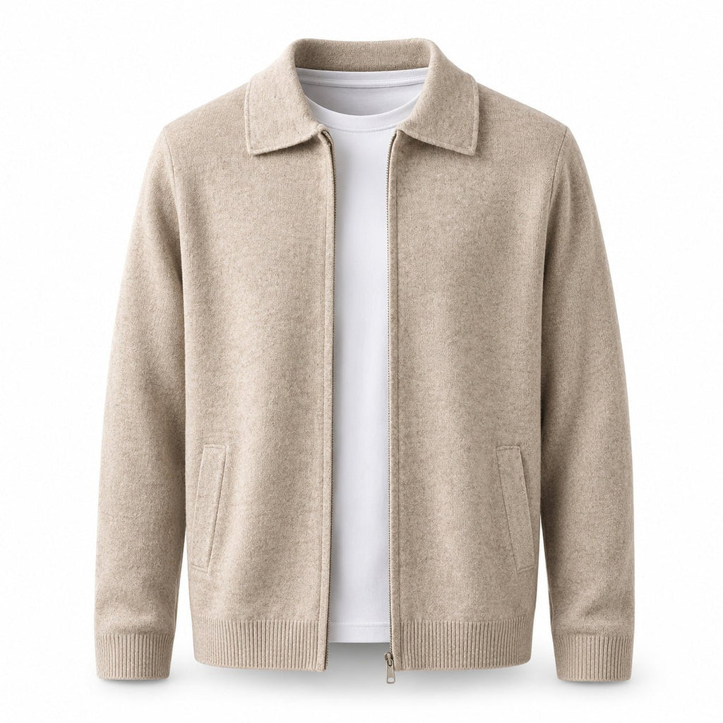 Collared Zip Wool Cardigan – Beige - ELORO