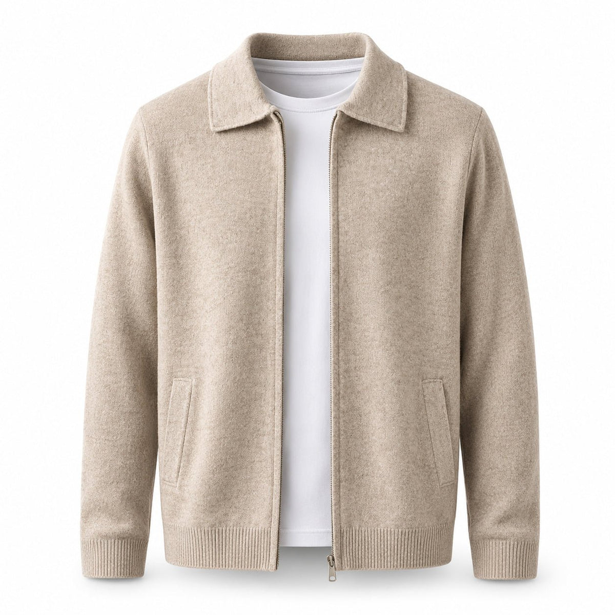 Collared Zip Wool Cardigan – Beige - ELORO