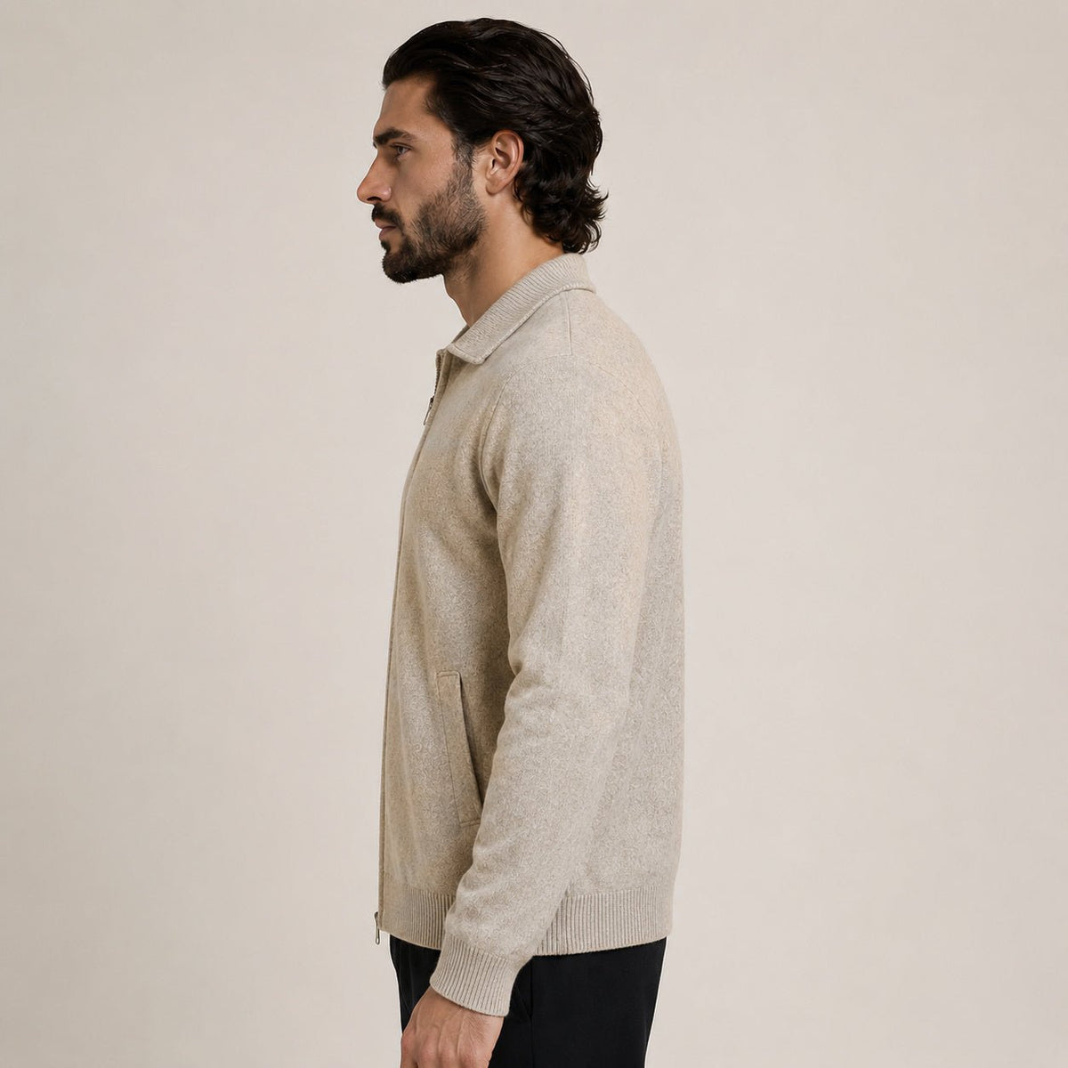 Collared Zip Wool Cardigan – Beige - ELORO