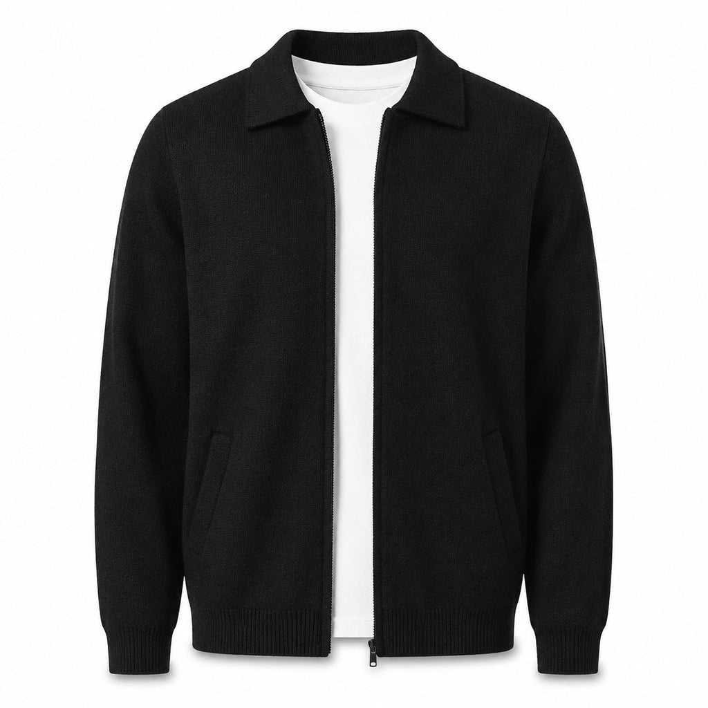 Collared Zip Wool Cardigan – Black - ELORO