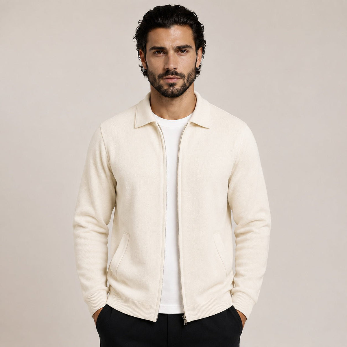 Collared Zip Wool Cardigan – Ivory - ELORO