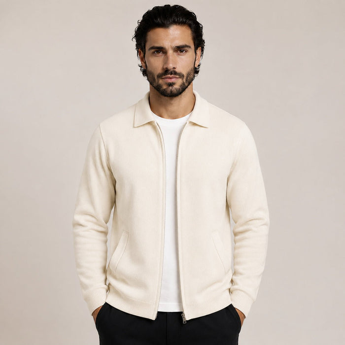 Collared Zip Wool Cardigan – Ivory - ELORO