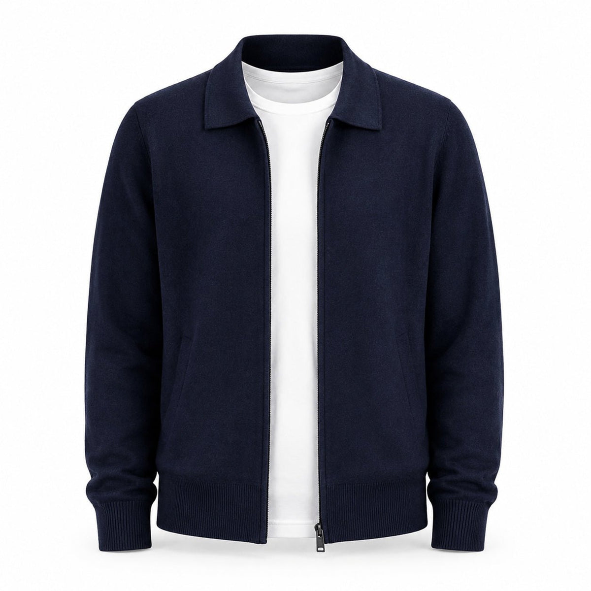 Collared Zip Wool Cardigan – Navy - ELORO