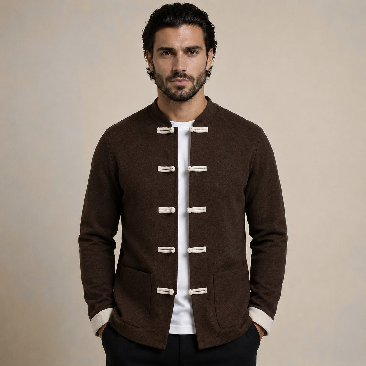 Contrast Frog-Button Wool Cardigan – Brown & Cream - ELORO