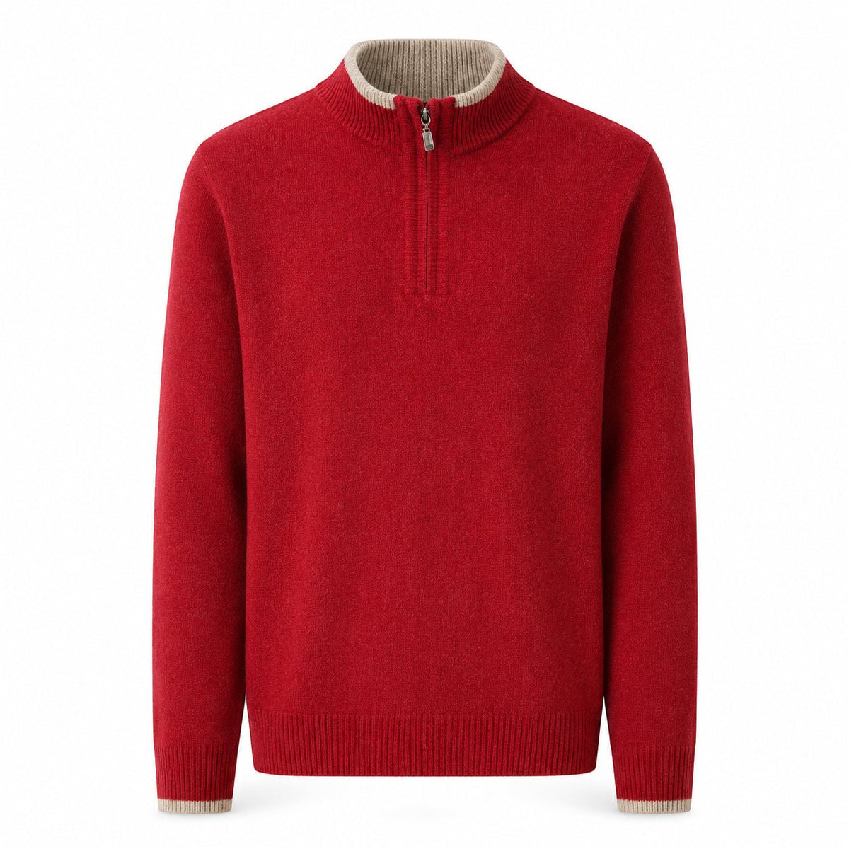 Contrast Quarter-Zip Wool Sweater – Red & Beige - ELORO