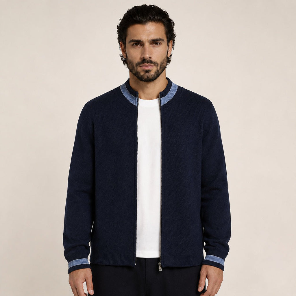 Contrast Textured Zip Wool Cardigan – Sage & Blue - ELORO