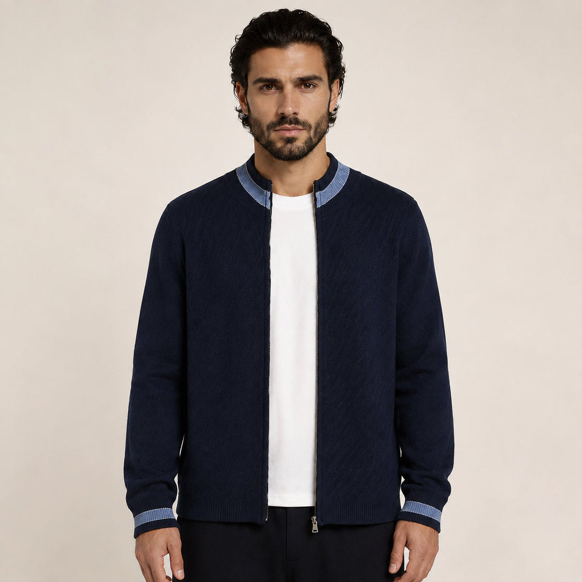 Contrast Textured Zip Wool Cardigan – Sage & Blue - ELORO