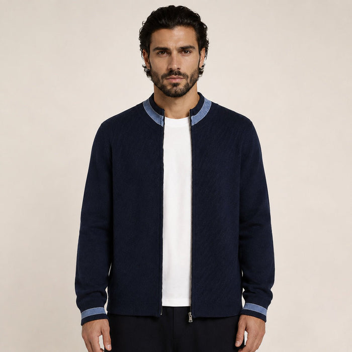 Contrast Textured Zip Wool Cardigan – Sage & Blue - ELORO