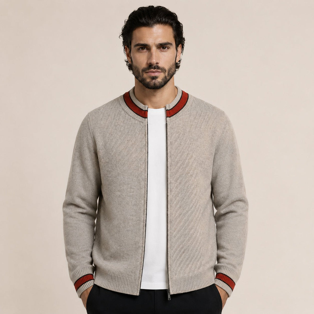 Contrast Textured Zip Wool Cardigan – Taupe & Orange - ELORO