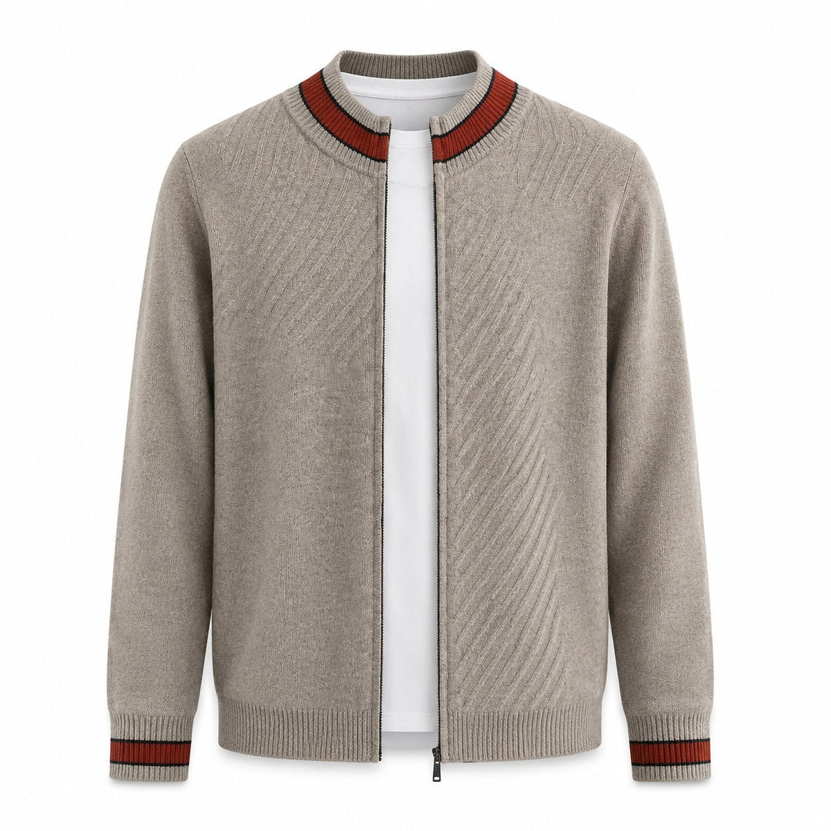 Contrast Textured Zip Wool Cardigan – Taupe & Orange - ELORO