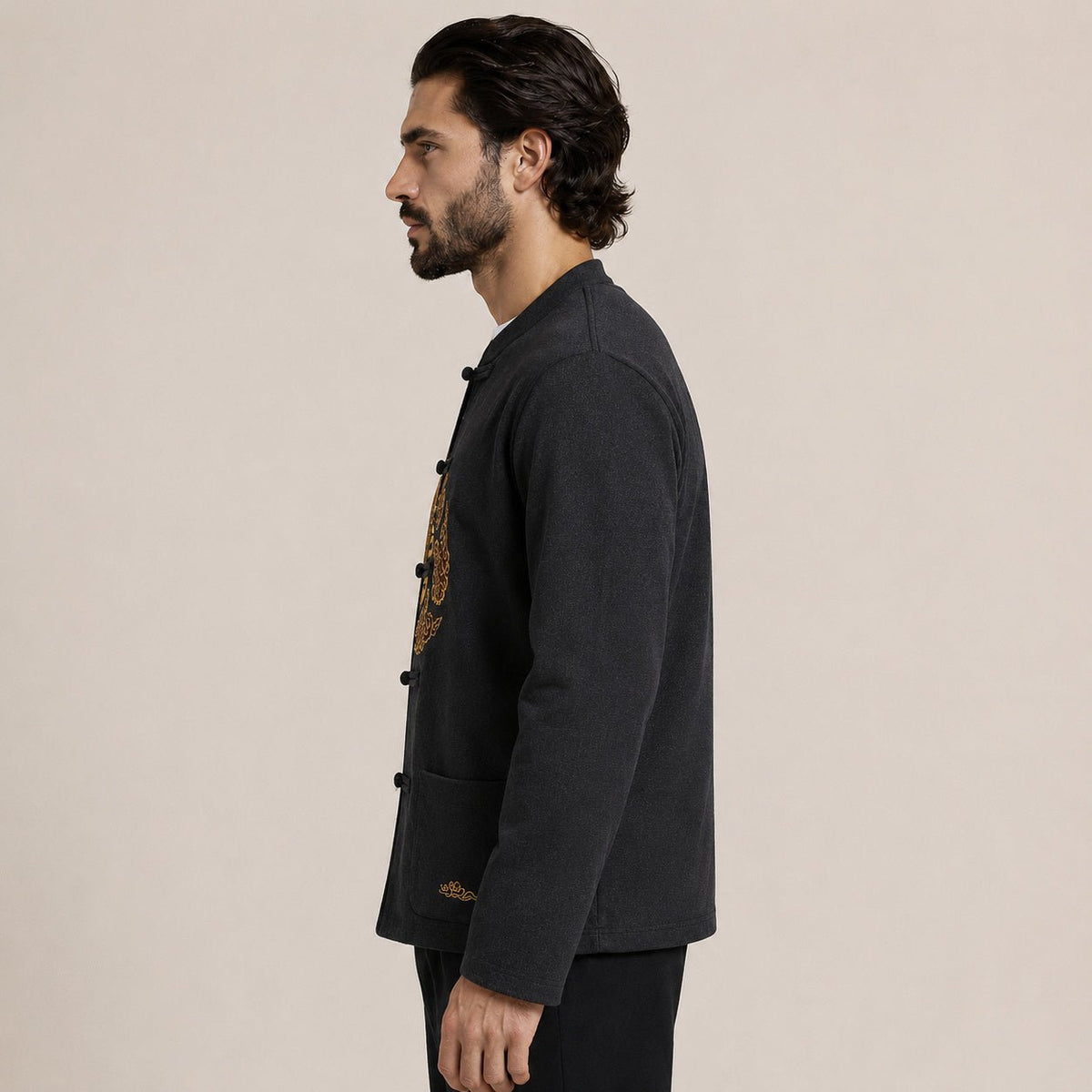 Embroidered Frog-Button Wool Cardigan – Charcoal & Gold - ELORO