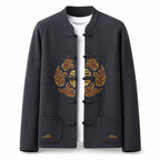 Embroidered Frog-Button Wool Cardigan – Charcoal & Gold - ELORO