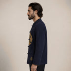 Embroidered Frog-Button Wool Cardigan – Navy & Gold - ELORO