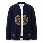 Embroidered Frog-Button Wool Cardigan – Navy & Gold - ELORO