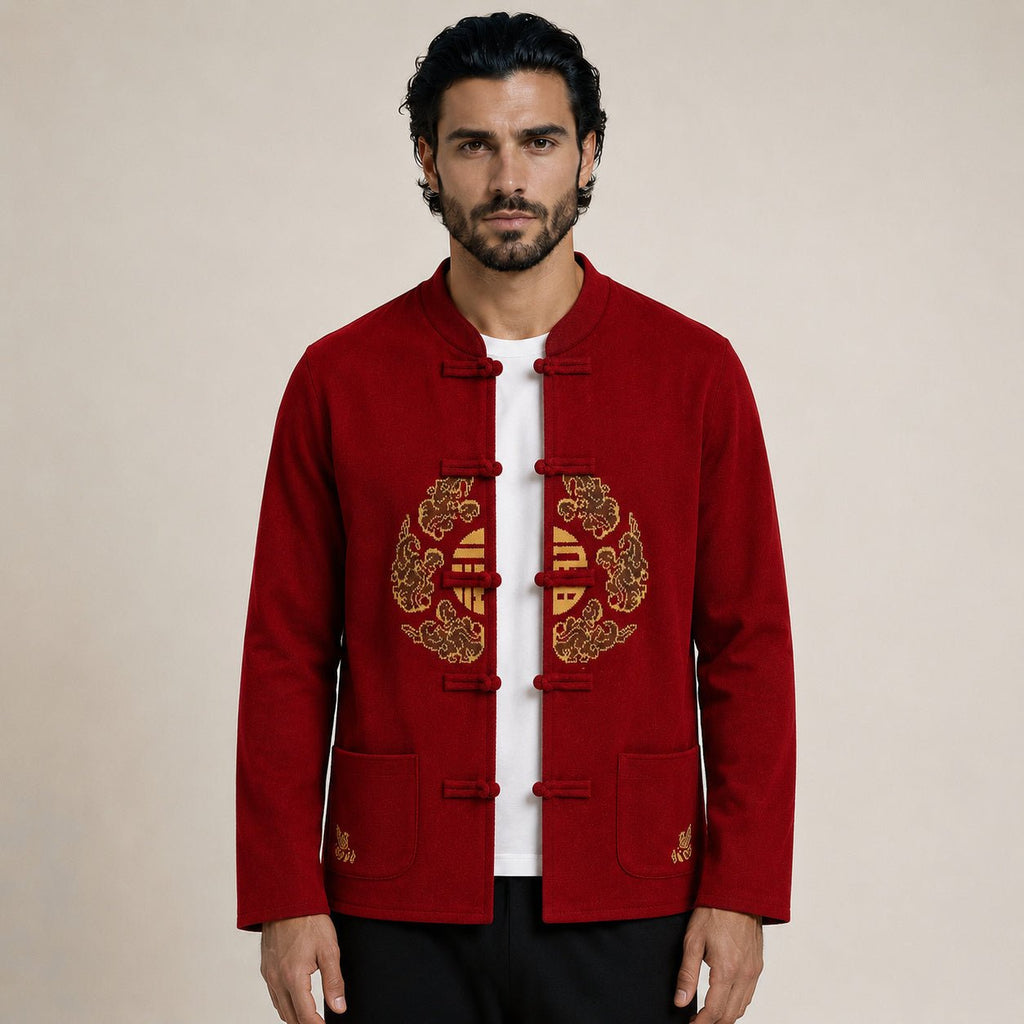 Embroidered Frog-Button Wool Cardigan – Red & Gold - ELORO