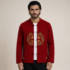 Embroidered Frog-Button Wool Cardigan – Red & Gold - ELORO