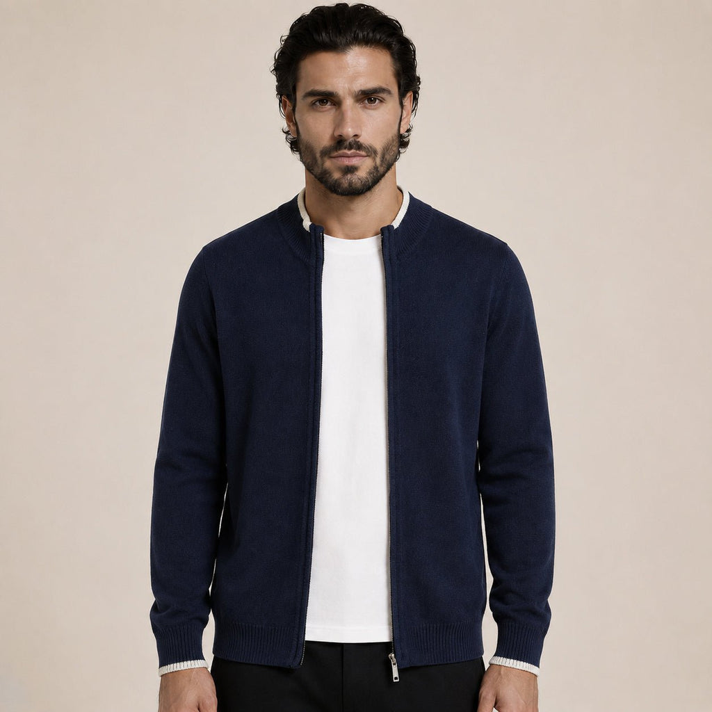 Fine-Knit Zip Wool Cardigan – Navy - ELORO