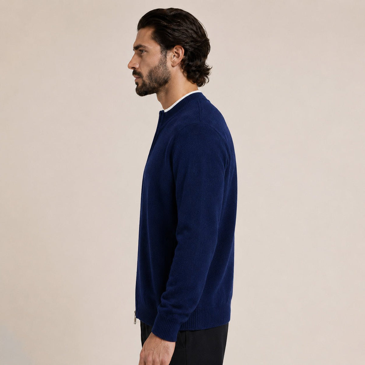 Fine-Knit Zip Wool Cardigan – Navy - ELORO