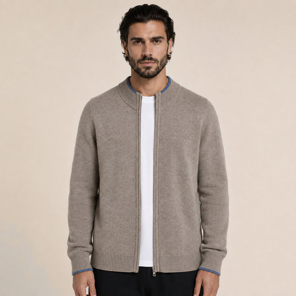 Fine-Knit Zip Wool Cardigan – Taupe - ELORO