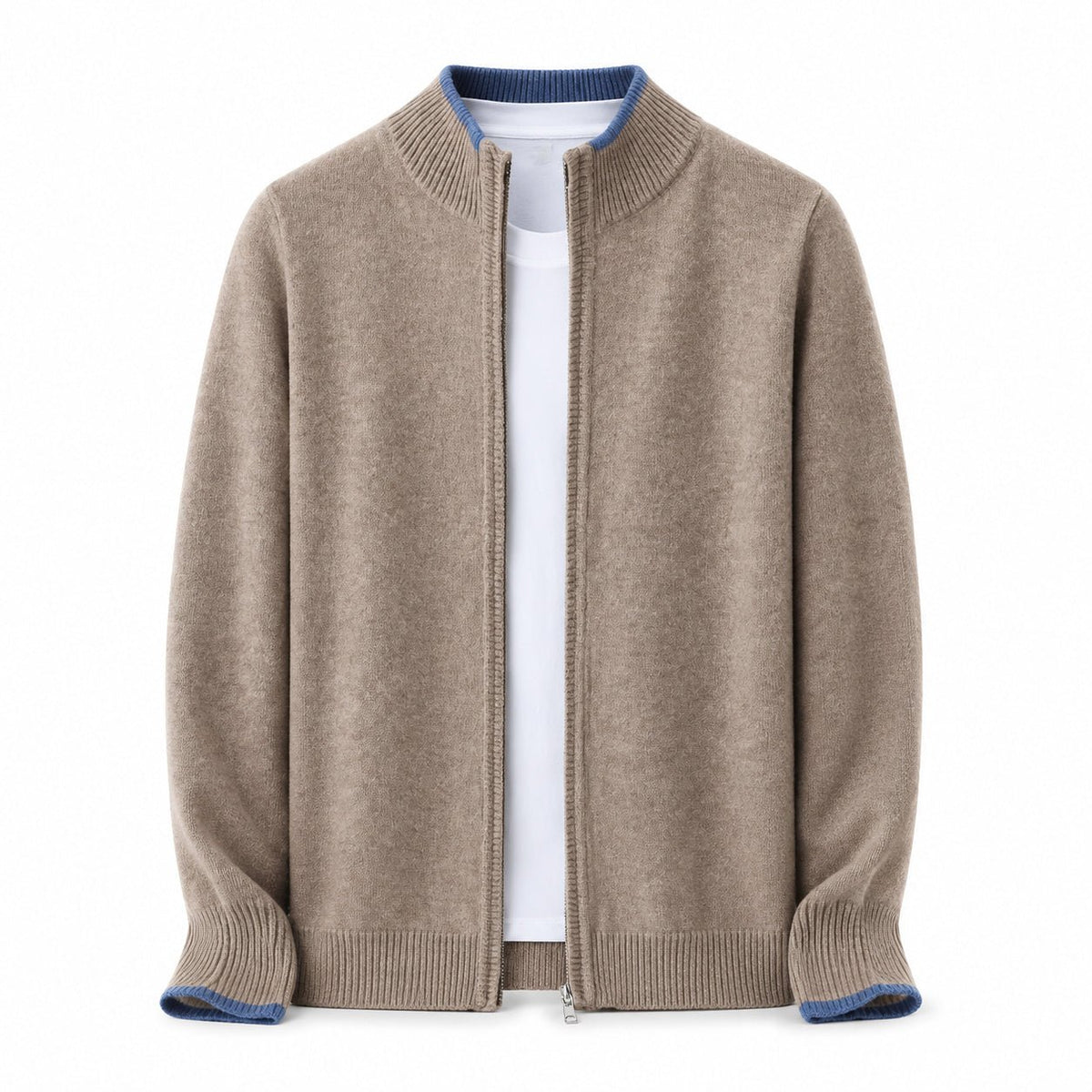 Fine-Knit Zip Wool Cardigan – Taupe - ELORO