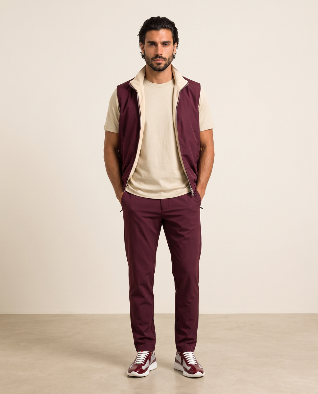 Reversible Motion Gilet — Burgundy & Cream