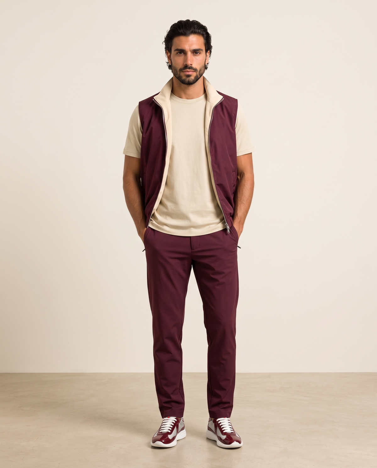 Reversible Motion Gilet — Burgundy & Cream