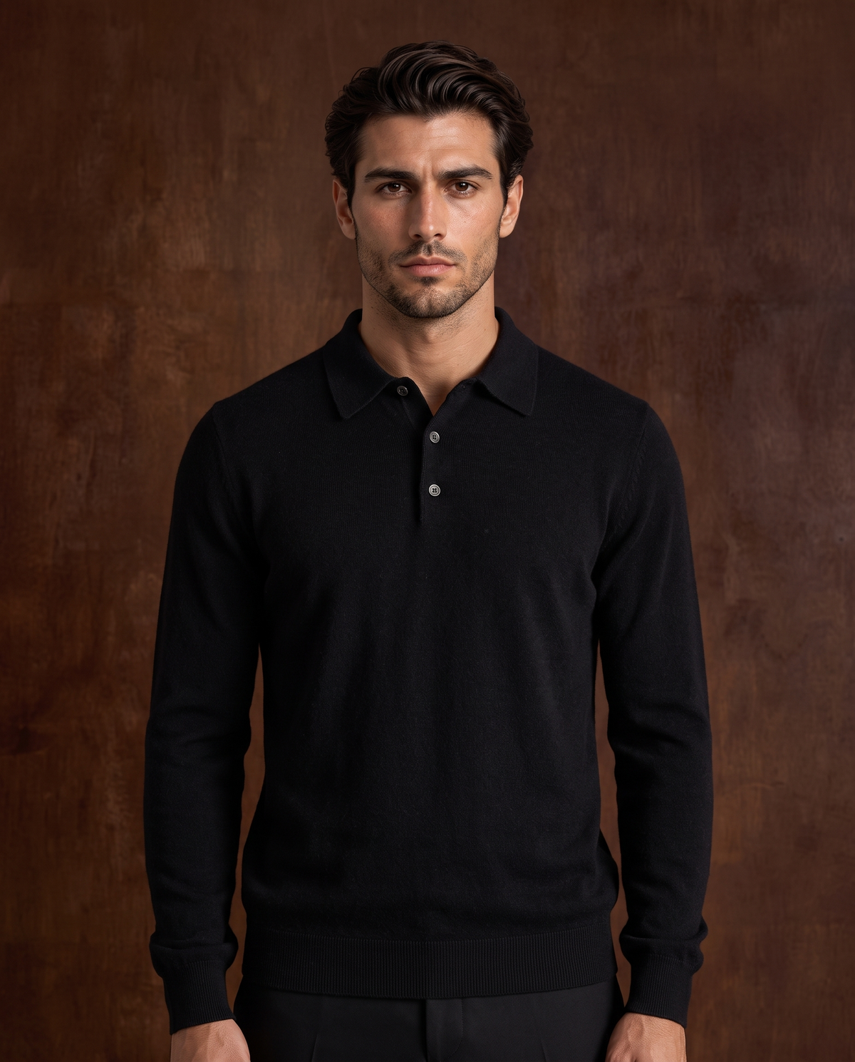 Cashmere Long-Sleeve Button Polo – Black