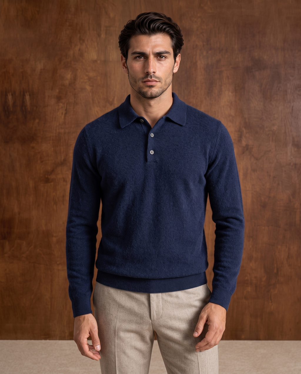 Cashmere Long-Sleeve Button Polo – Navy