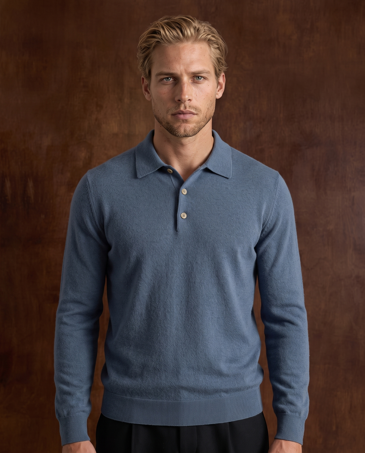 Cashmere Long-Sleeve Button Polo - Baby Blue