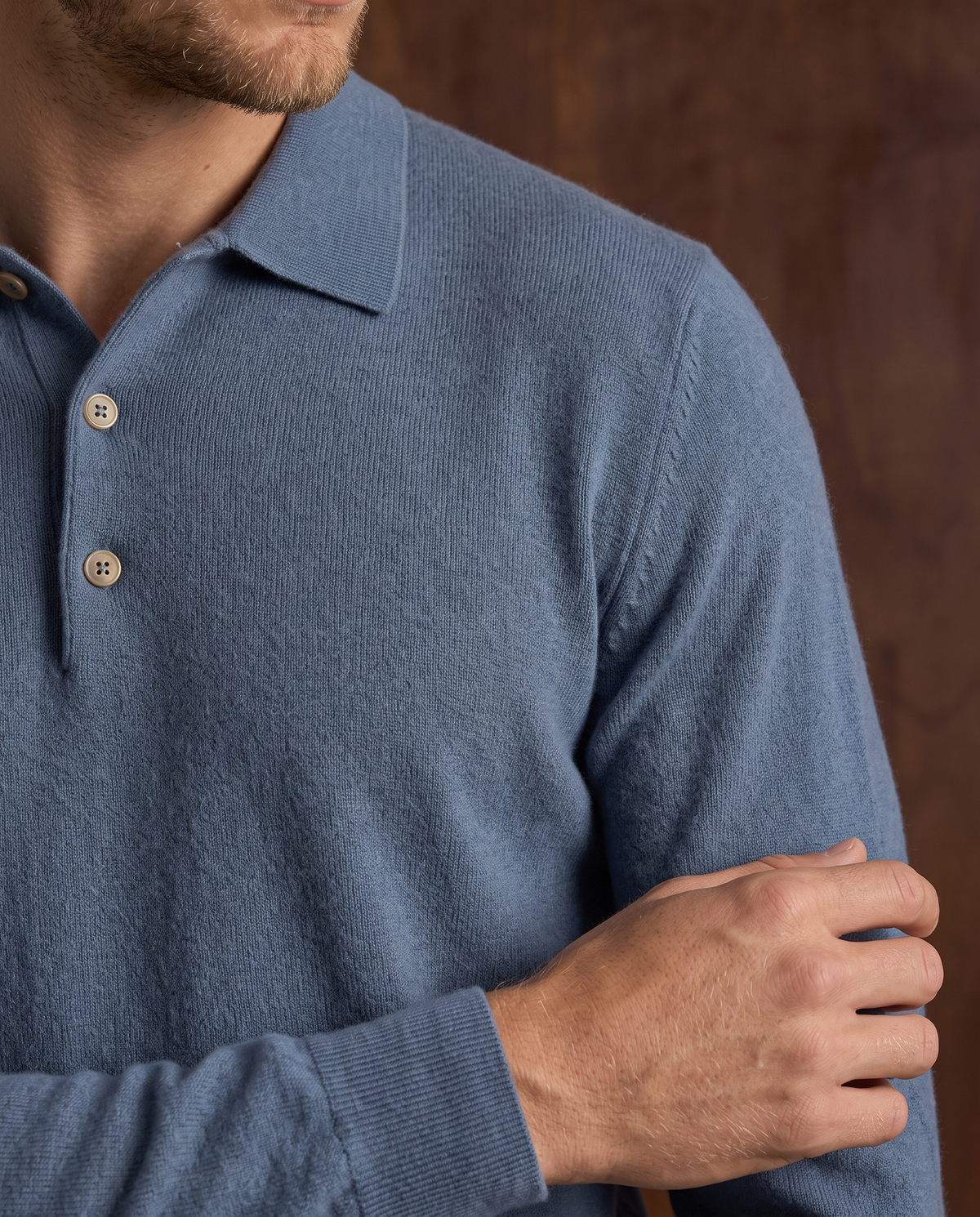 Cashmere Long-Sleeve Button Polo - Baby Blue