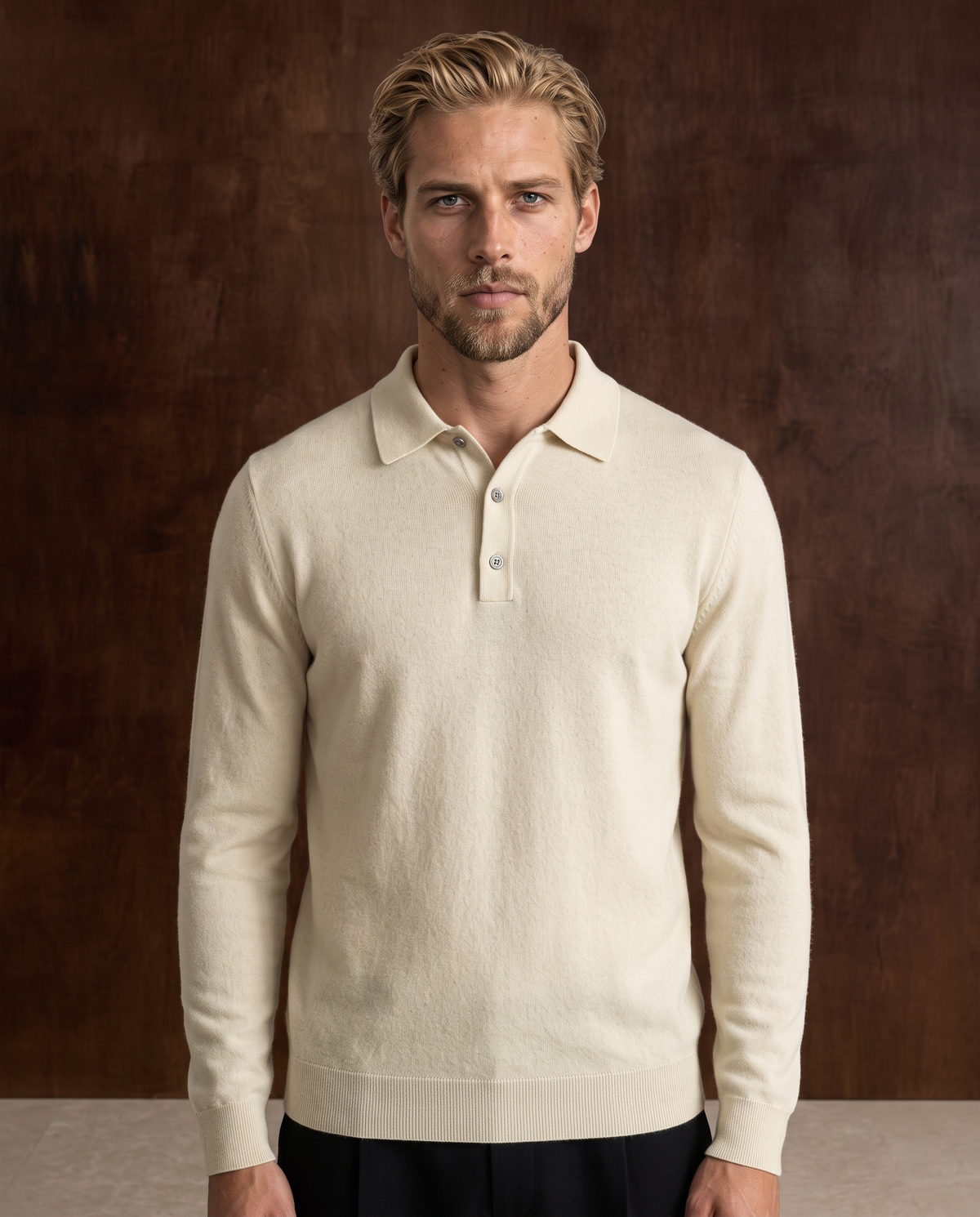 Cashmere Long-Sleeve Button Polo – Light Cream