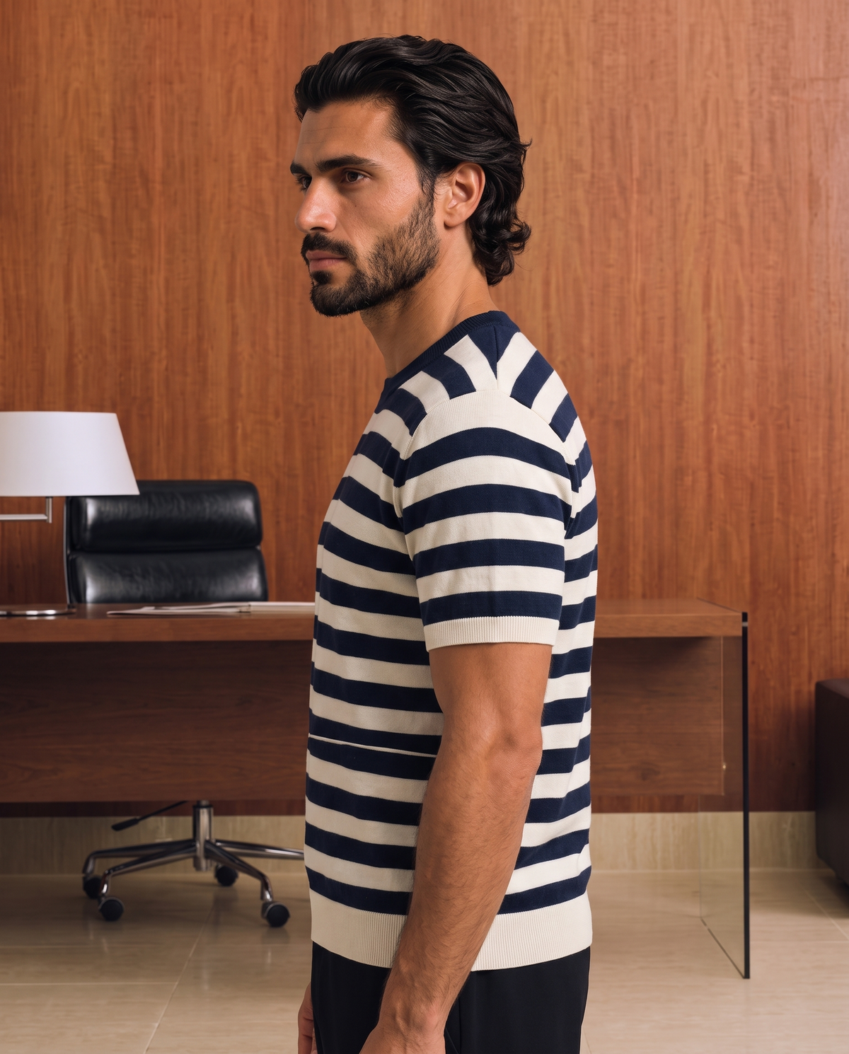 Striped Cashmere Short-Sleeve T-Shirt – Cream & Blue