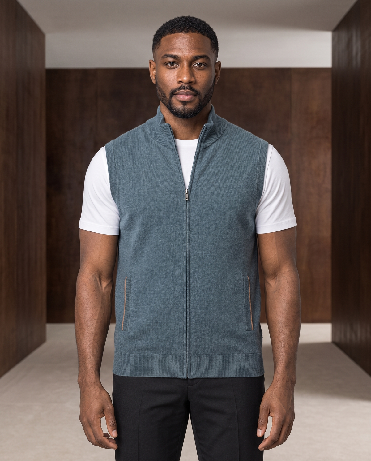 Cashmere Zip Gilet – Petrol Blue