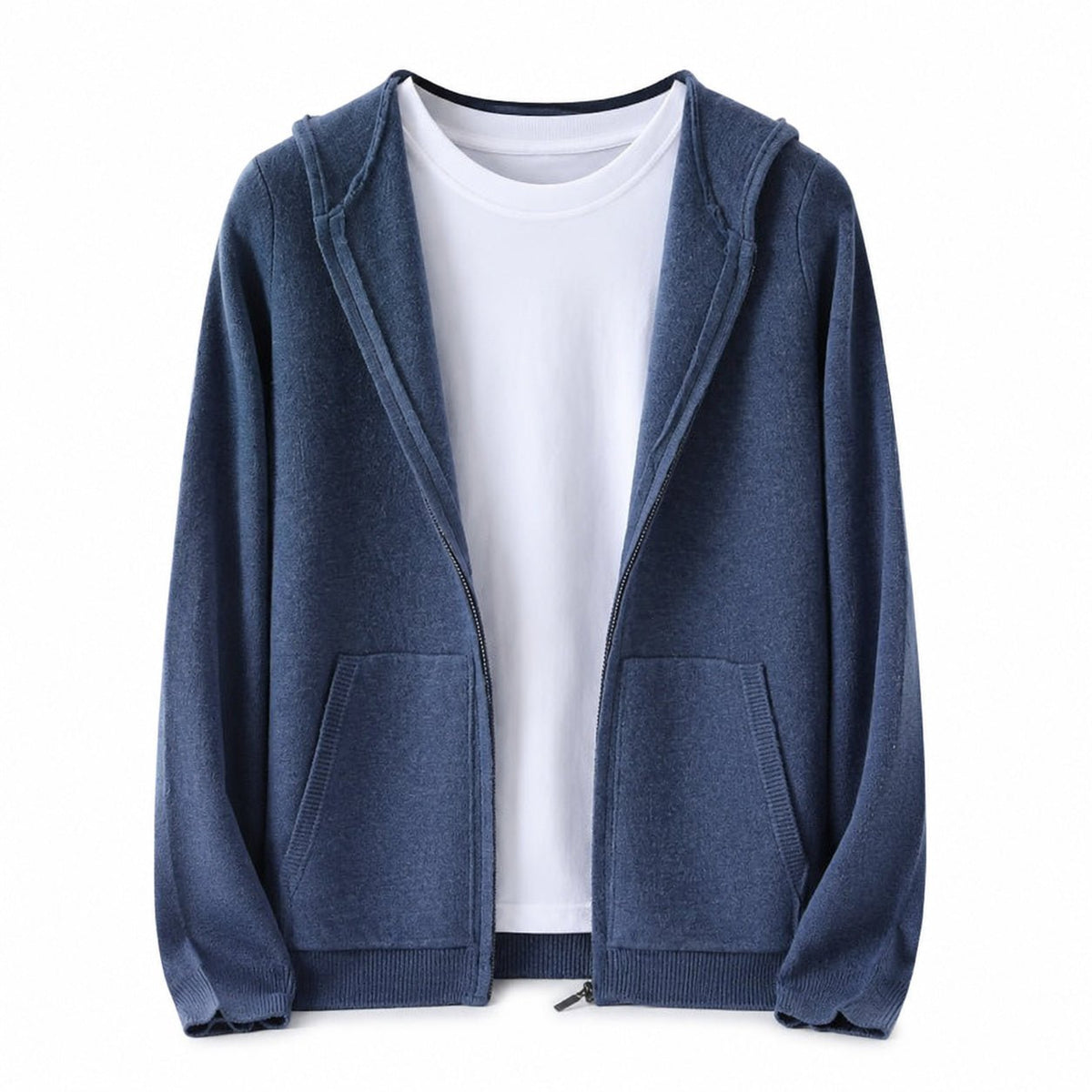 Hooded Wool Blazer Cardigan – Blue - ELORO