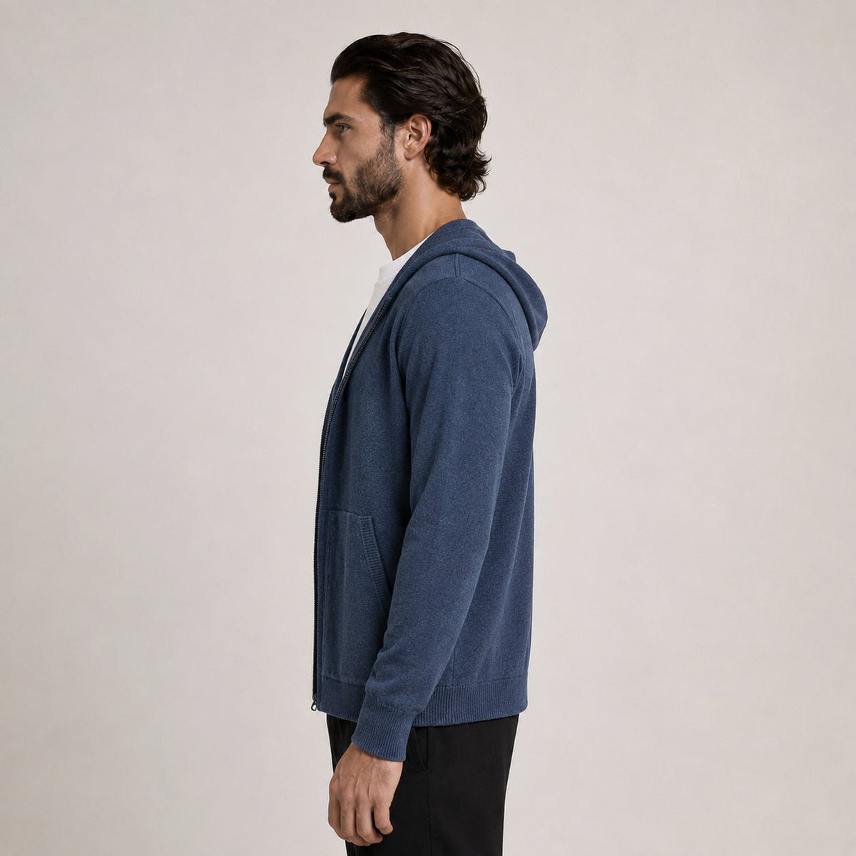 Hooded Wool Blazer Cardigan – Blue - ELORO