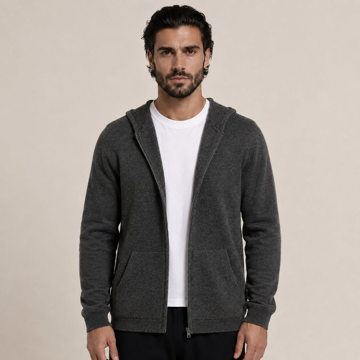 Hooded Wool Blazer Cardigan – Charcoal - ELORO