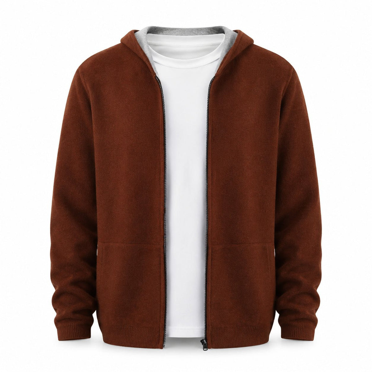 Hooded Wool Cardigan – Brown - ELORO