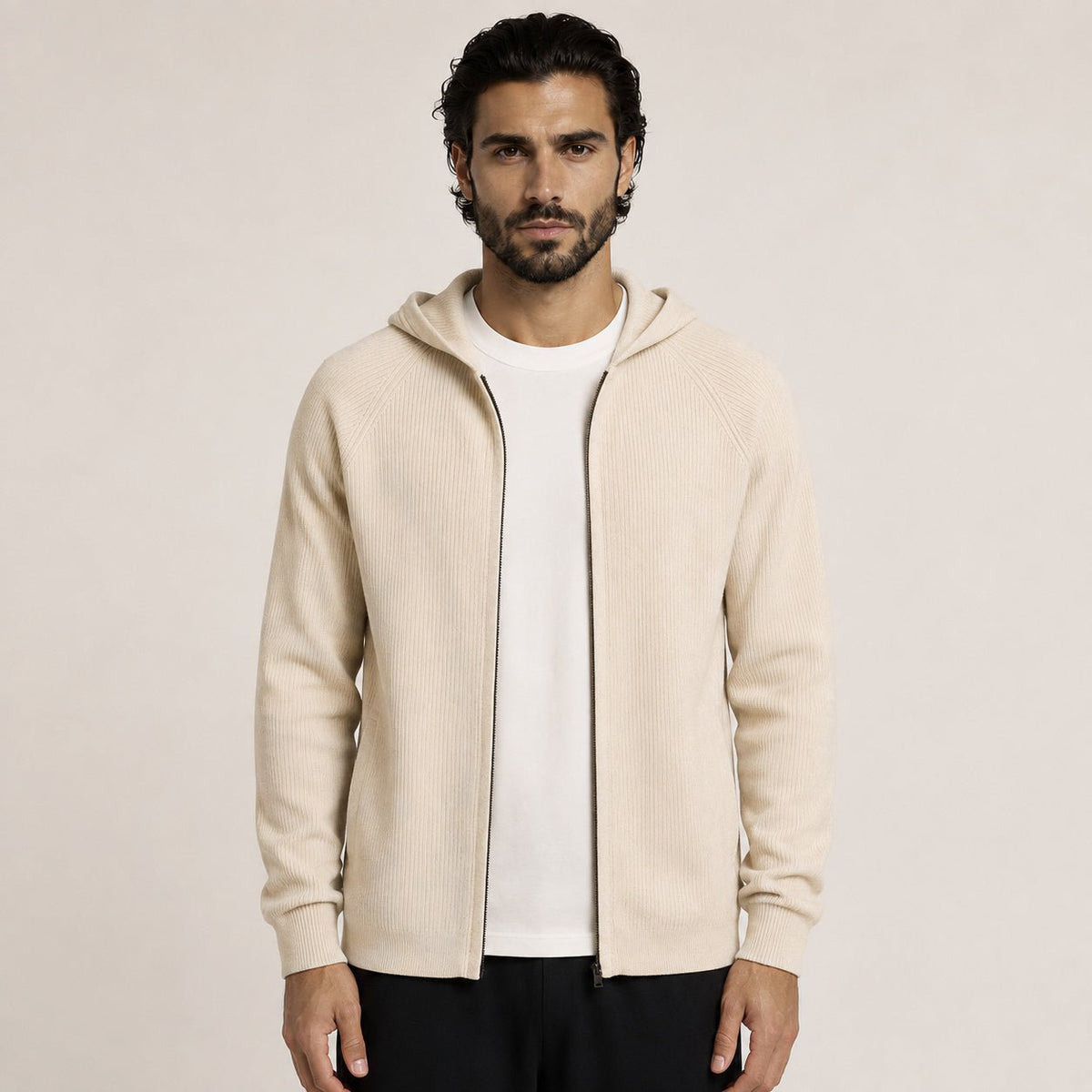 Lightweight Hooded Wool Cardigan – Cream - ELORO