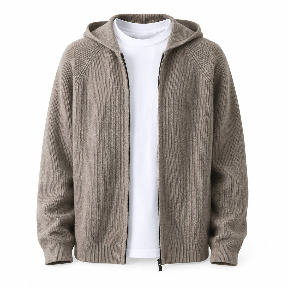 Lightweight Hooded Wool Cardigan – Taupe - ELORO