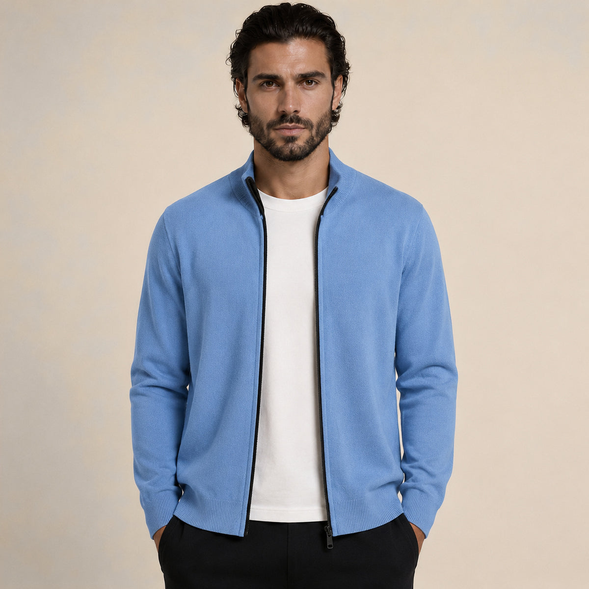 Zip Wool Cardigan – Cornflower Blue