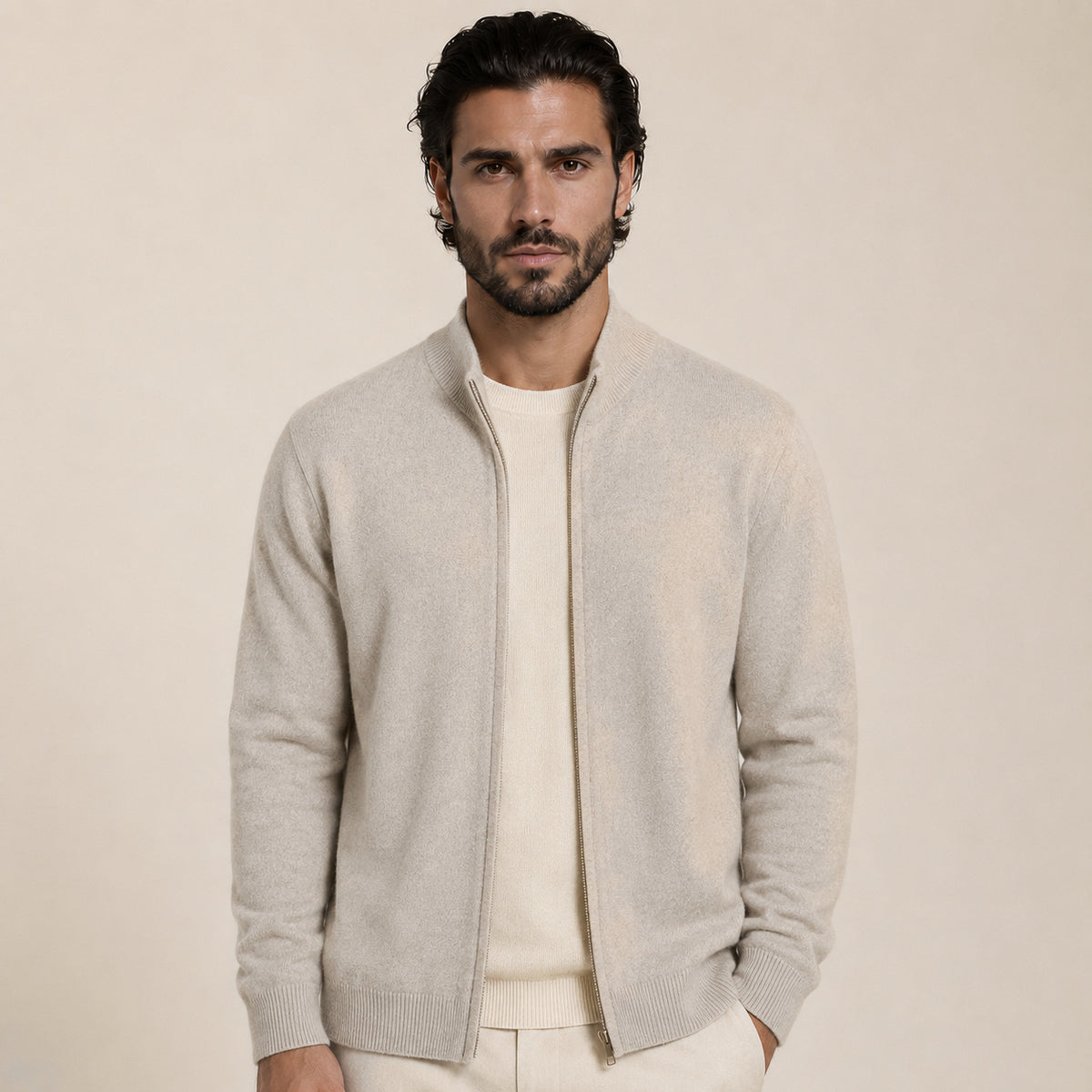 Zip Wool Cardigan – Beige