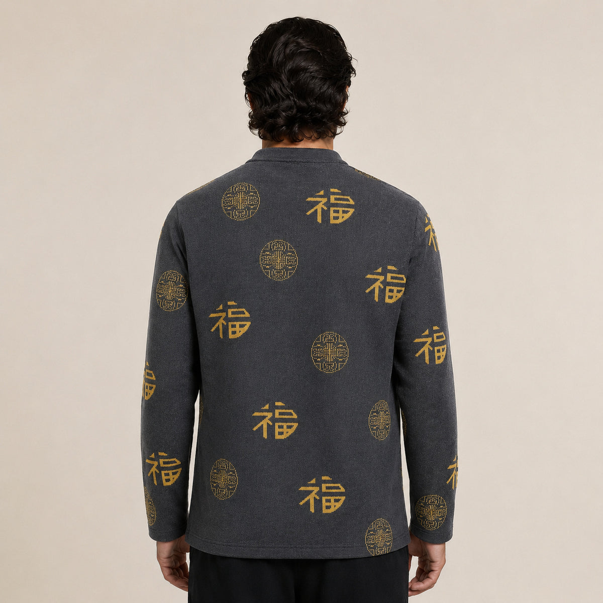 Patterned Frog-Button Wool Cardigan – Charcoal & Gold