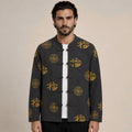 Patterned Frog-Button Wool Cardigan – Charcoal & Gold