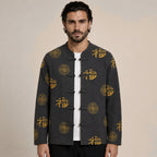 Patterned Frog-Button Wool Cardigan – Charcoal & Gold