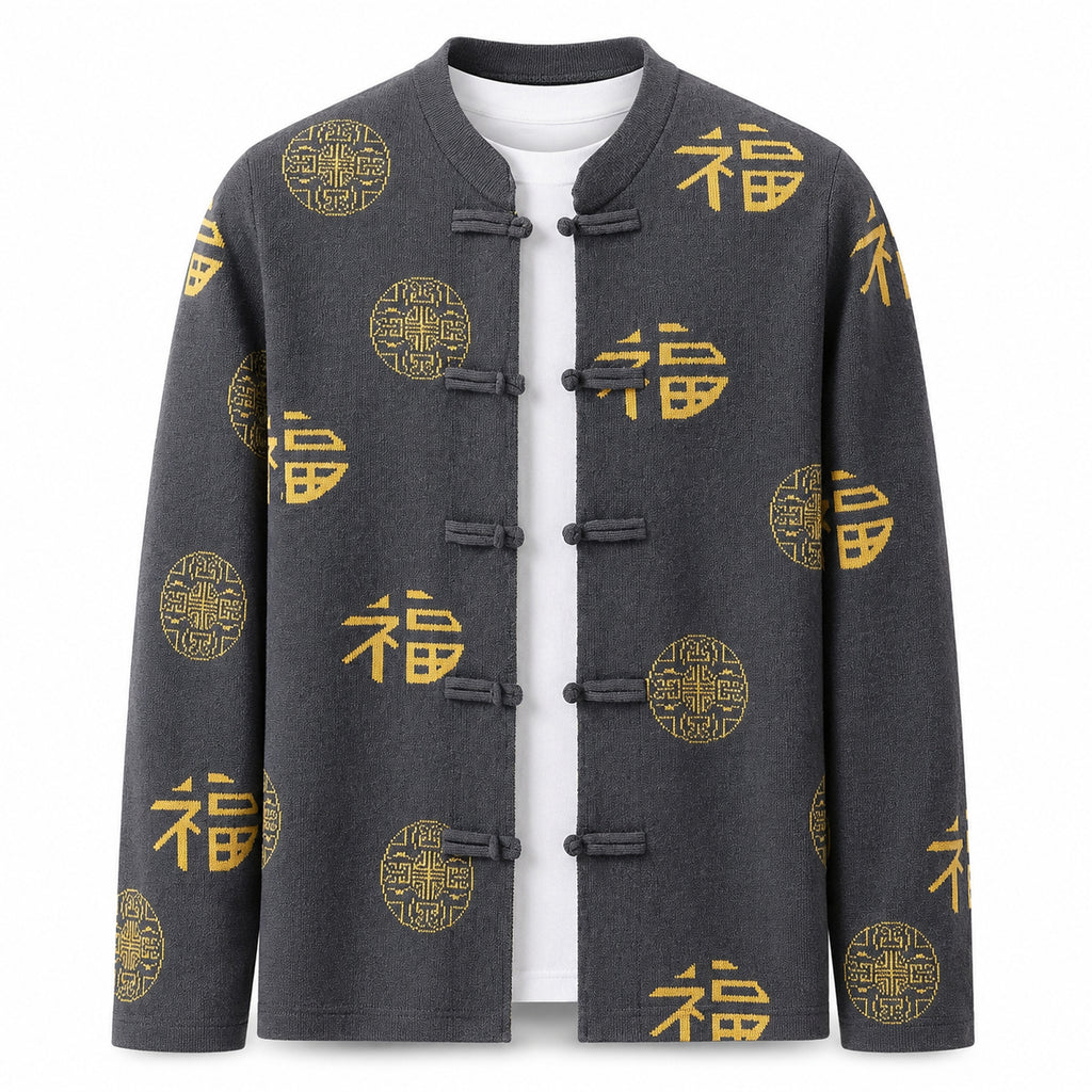 Patterned Frog-Button Wool Cardigan – Charcoal & Gold