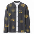 Patterned Frog-Button Wool Cardigan – Charcoal & Gold