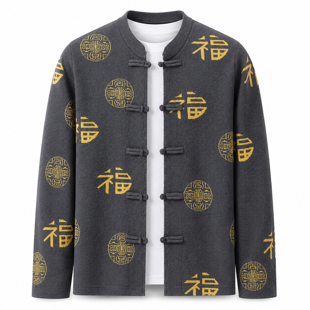 Patterned Frog-Button Wool Cardigan – Charcoal & Gold