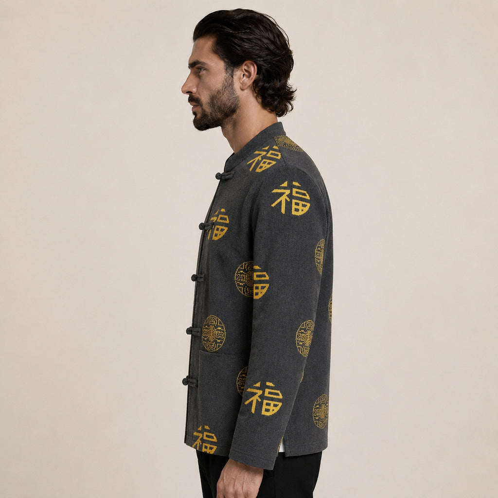 Patterned Frog-Button Wool Cardigan – Charcoal & Gold